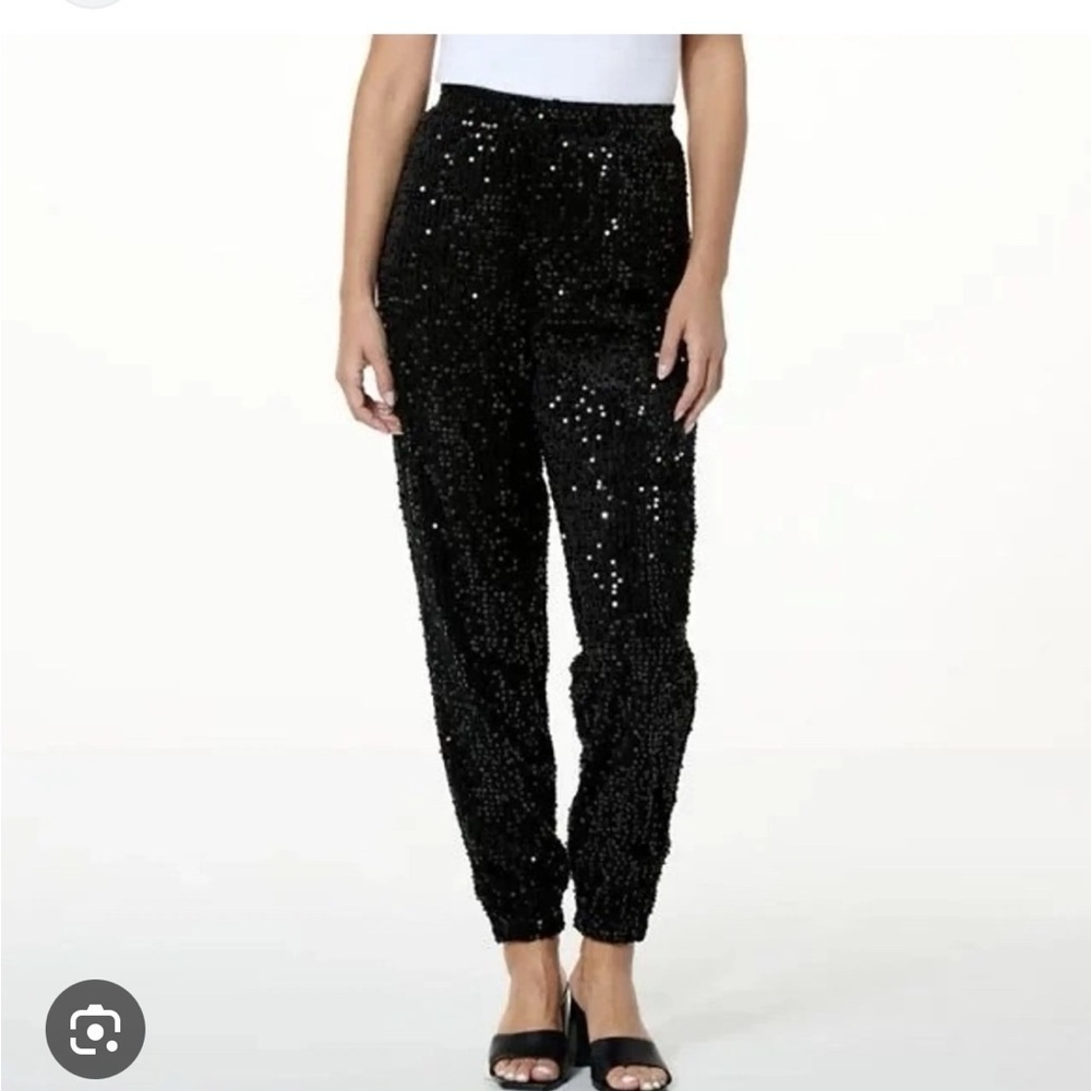 Black women’s Sequin sparkling Joggers pull on pants elastic waist high rise XL